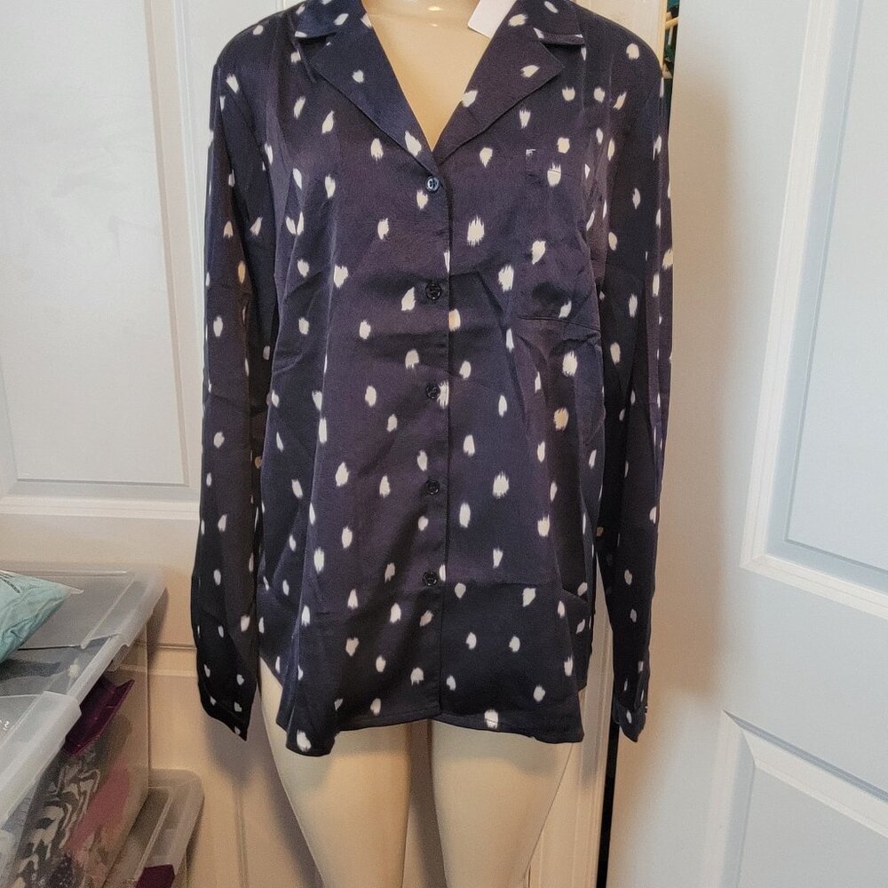 Allegra K Women's Satin Polka Dots Blouse Elegant Camp Collar Long Sleeve - Picture 2 of 15